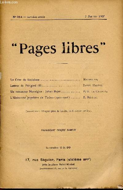 PAGES LIBRES / N314 - SEPTIEME ANNEE / 5 JANVIER 1907.