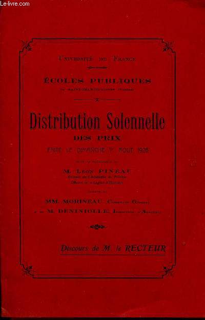 DISTRIBUTION SOLENNELLE DES PRIX FAITE LE DIMANCHE 1er AOUT 1926 / ECOLES PUBLIQUES.