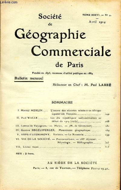 SOCIETE DE GEOGRAPHIE COMMERCIALE DE PARIS / TOME XXXVI - N 4 / ZVRIL 1914.
