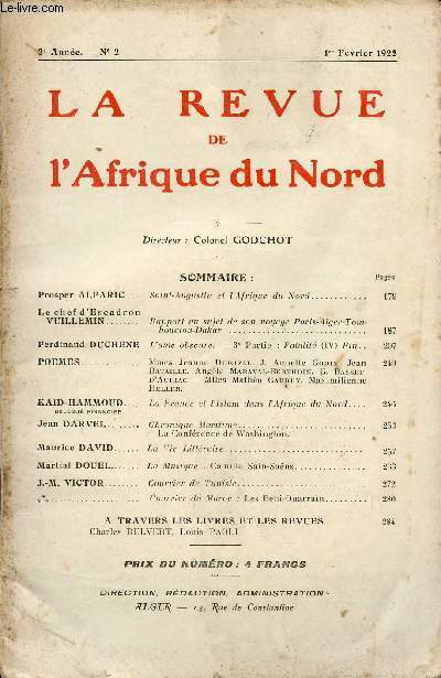 LA REVUE DE L'AFRIQUE DU NORD / 2eme ANNEE - N2 / 1er FEVRIER 1922.