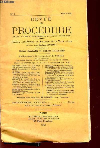 REVUE DE PROCEDURE - N5 - MAI 1926 / JOURNAL DES AVOUES ET BULLETIN DE LA TAXTE REUNIS.