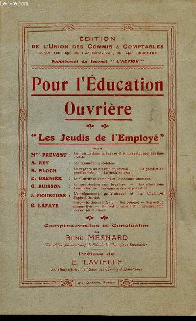 POUR L'EDUCATION OUVRIERE / LES JEUDIS DE L'EMPLOYE / SUPPLEMENT DU JOURNAL 