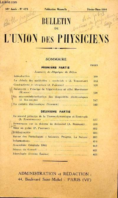 BULLETIN DE L'UNION DES PHYSICIENS / N475 - FEVRIER-MARS 1964 / JOURNEES DE PHYSIQUE DE DIJON - LA CHIMIE DES MOLECULES 