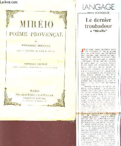 MIREIO - POEME PROVENCAL - AVEC LA TRADUCTION LITERRALE EN REGARD.