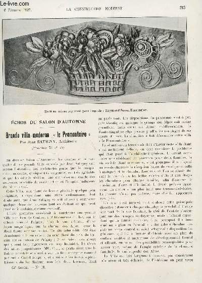 LA CONSTRUCTION MODERNE - N19 - 6 FEVRIER 1927 / ECHOS DU SALON D'AUTOMNE - GRANDE VILLA MODERNE 