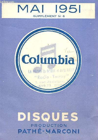 COLUMBIA - MAI 1951 - SUPLEMENT N6 / PLAQUETTE DE REFERENCEMENT DE DISQUES.