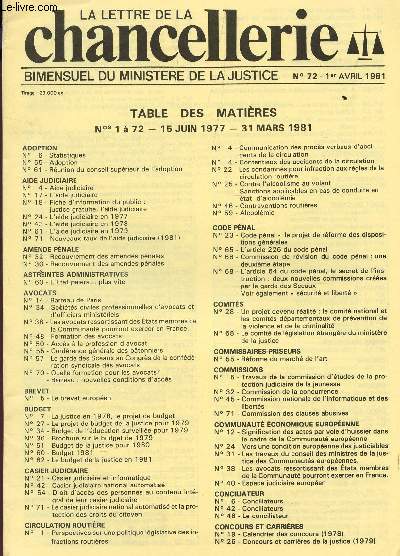 LA LETTRE DE LA CHANCELLERIE - BIMENSUEL DU MINISTERE DE LA JUSTICE - N72 - 1er AVRIL 1981 : TABLE DES MATIERES N)s 1  72 - 15 JUIN 1977 - 31 MARS 1981 + N63 + 64 + 66 + 69 + 70 + 71.