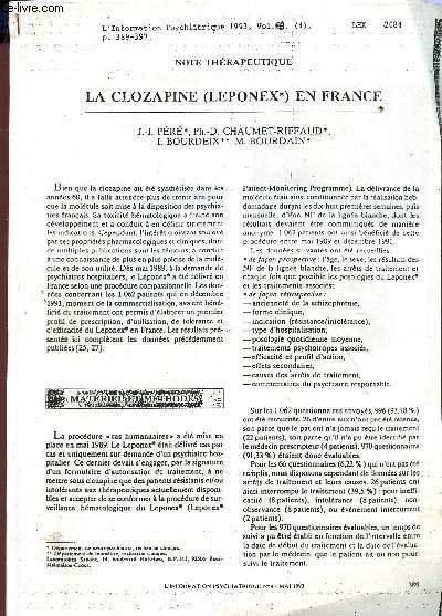 LA CLZAMPINE (LEPONEX) EN FRANCE / EXTRAIT DE 