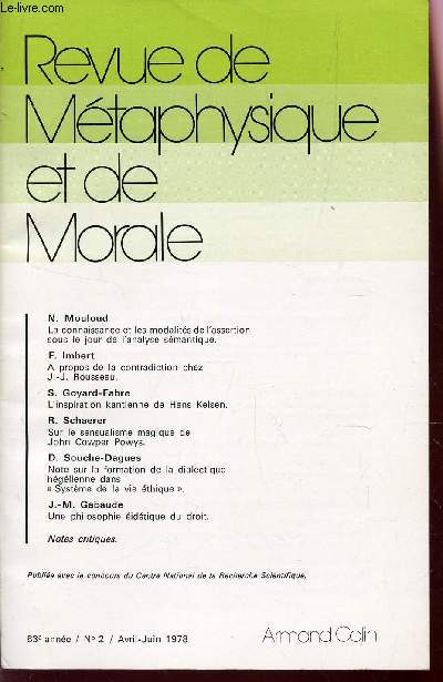 REVUE DE METAPHYSIQUE ET DE MORALE - 83e ANNEE - N1 - AVRIL-JUIN 1978.