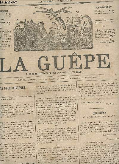 LA GUEPE - 1ere ANNEE - N19 - 18 MAI 1865 / LA FOIRE SAINT FORT - EXPOSITION DE LA SOCIETE DES AMIS DES ARTS - REVUE DES THEATRES - HISTOIRE DU COUPE NOIR - A TRAVERS LES FEUILLETONS- PROFILS MILITAIRES - ALCAEAR - BOURDONNEMENTS ETC....