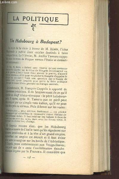 ESSAIS CRITIQUES / UN HABSBOURG A BUDAPEST? - POEMES POUR ARICIE (L. DUBECH) / LE PAUVRE SOUS L'ESCALIER (M. H. GHEON) / CONCERTS PASDELOUP / CHEZ COLONNE / L CRITIQUE ET LE PAUVRE SOUS L'ESCALIER / TRVUE DES REVUES.