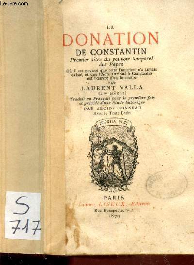 LA DONATION DE CONSTANTIN - premier titre du pouvoir temporel des Papes / PETITE COLLECTION ELZEVIRIENNE.