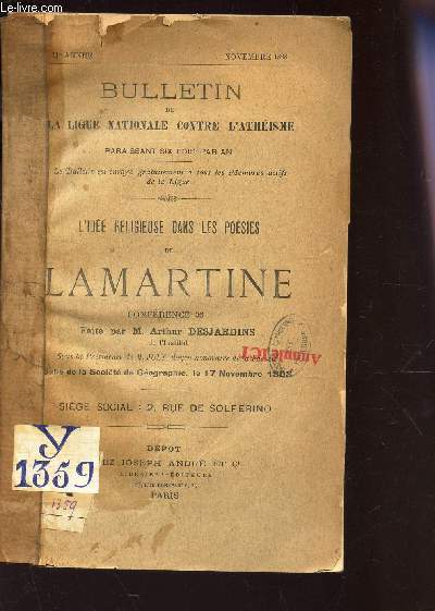 L'IDEE RELIGIEUSE DANS LES POESIES DE LAMARTINE - CONFERENCE 36 / BULLETIN DE LA LIGUE NATIONALE CONTRE L'ATHEISME - 11e ANNEE - NOVEMBRE 1898.