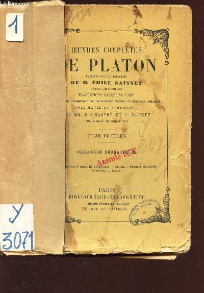 OEUVRES COMPETES DE PLATON - TOME PREMIER : DIALOGFUES SOCRATIQUES