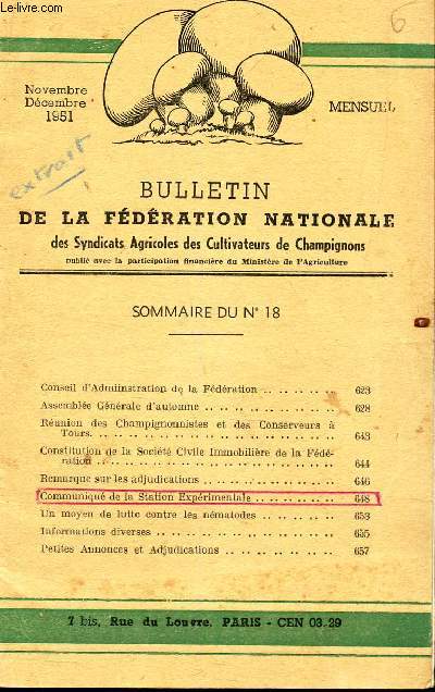 BULLETIN DE LA FEDERATION NATIONALE - N18 - NOV DEC 1951 / Un moyen de lutte contre les nematodes etc...