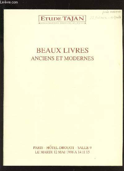 CATALOGUE DE VENTE AUX ENCHERES - BEAUX LIVRES ANCIENS ET MODERNES - A DROUOT LE 12 MAI 1998