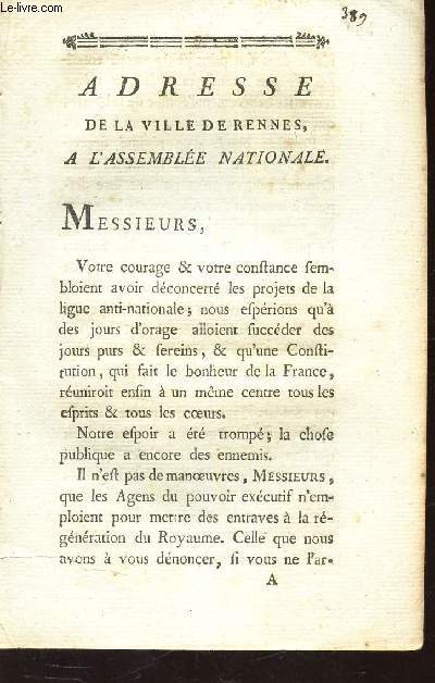 ADRESSE DE LA VILLE DE RENNES A L'ASSEMBLEE NATIONALE - Fait et Arret en l'Hotel de Ville ce 2 avril 1790.