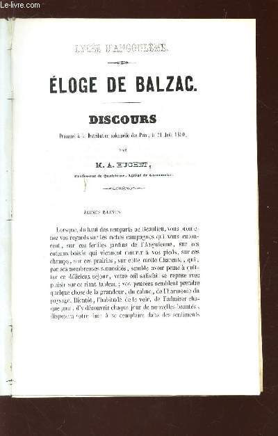 ELOGE DE BALZAC - DISCOURS prononc a la Distribution solennelle des prix le 21 aout 1850. / LYCEE D'ANGOULEME