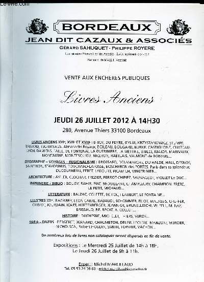 Catalogue de vente aux encheres - LIVRES ANCIENS - 26 JUILLET 2012