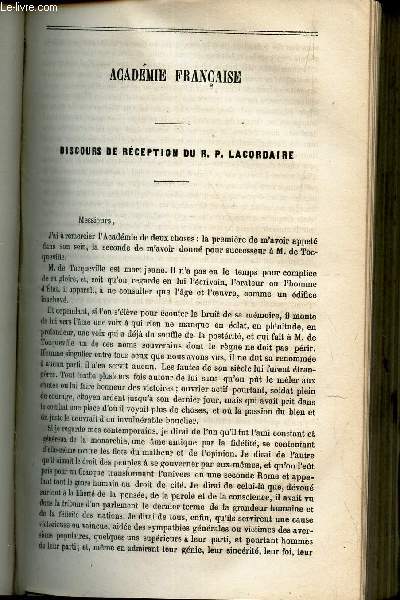 Academie francaise - discours de reception du R.P. Lacordaire / Reponse de M. Guizot. / Pour l'ouverture d'une retraite / La fete de St Hilaire a Poitiers .