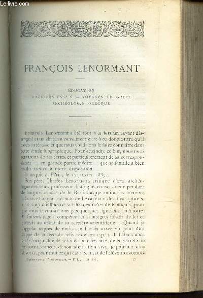 FRANCOIS LENORMANT - Education - premiers essais - voyages en Grece - Archeologie grecque.