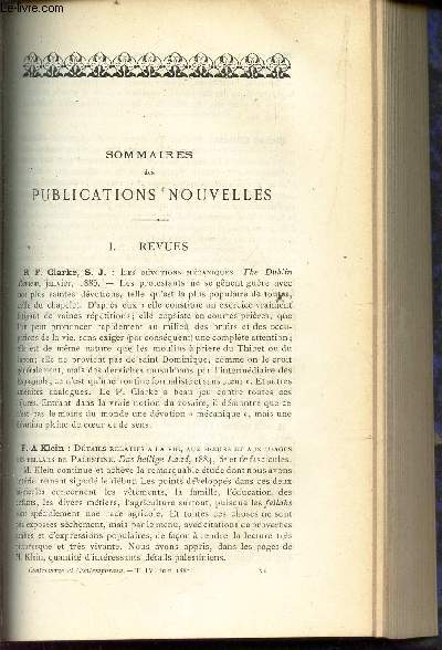 SOMMAIRES DES PUBLICATIONS NOUVELLES : R.F. CLarke - F.A. Klein - E? Bishop - H von soden ...G. Perrot - V Duruy - N.W. Ljungberg - A.B. Bruce - T.K. Cheyne...