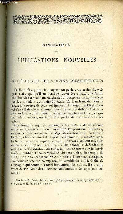 SOMMAIRES DES PUBLICATIONS NOUVELLES : DE L'EGLISE ET DE SA DIVINE CONSTITUTION.