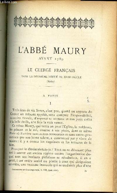 L'ABBE MAURY AVANT 1789 - LE CLERGE FRANCAIS dans la deuxieme moiti du XVIIIe siecle (suite) - A Paris : I + II + III + IV.