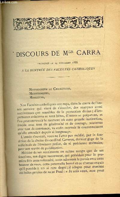 DISCOURS DE Mgr CARRA prononc le 14 novembre 1888 a la rentre des Facults catholiques.