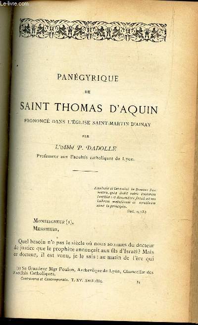 PANEGYRIQUE DE SAINT THOMAS D'AQUIN prononc dans l'Eglise St Martin d'Ainay / QUI A FAIT LE XVIIe SIECLE?.