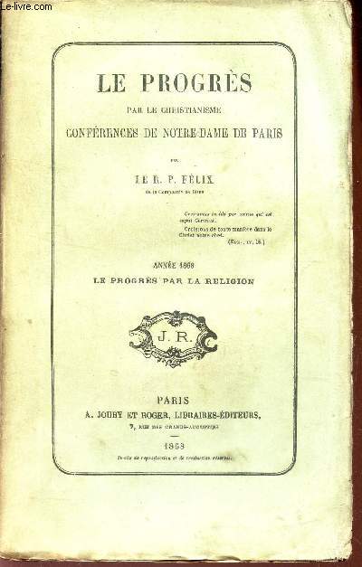 ANNEE 1868 : LE PROGRES PAR LA RELIGION/ COLLECTION 