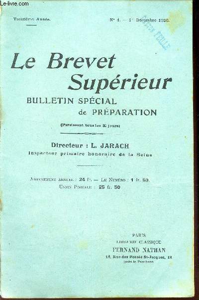 LE BREVET SUPERIEUR - N4 - DECEMBRE 1920.