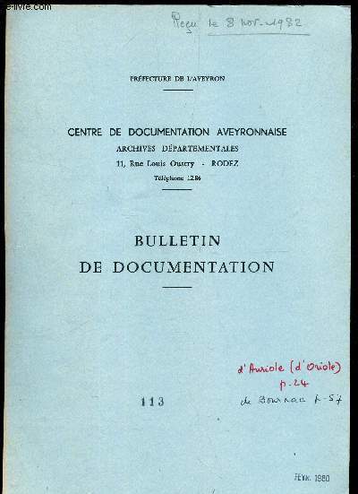BULLETIN DE DOCUMENTATION - 113 / SOURCES GENEALOGIQUES de A  B.