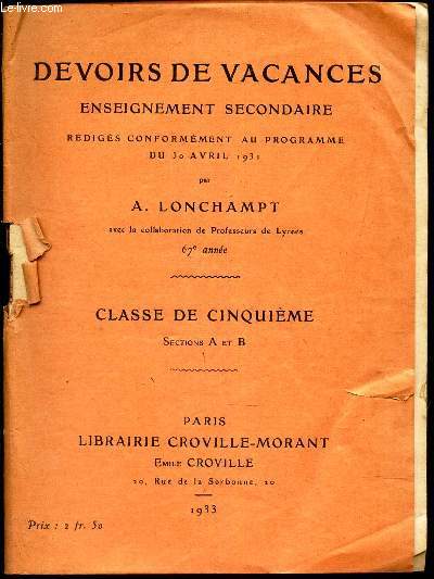 DEVOIRS DE VACANCES - ENSEIGNEMENT SECONDAIRE - classe de 5e - sections A et B.
