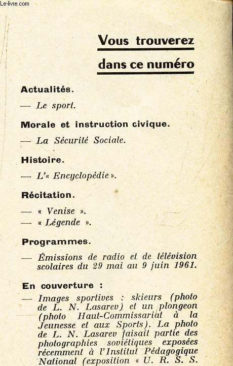 DOCUMENTS POUR LA CLASSE - N94 - 11 mai 1961 / LE sport / LA ecurit sociale / Venise - Legende etc...