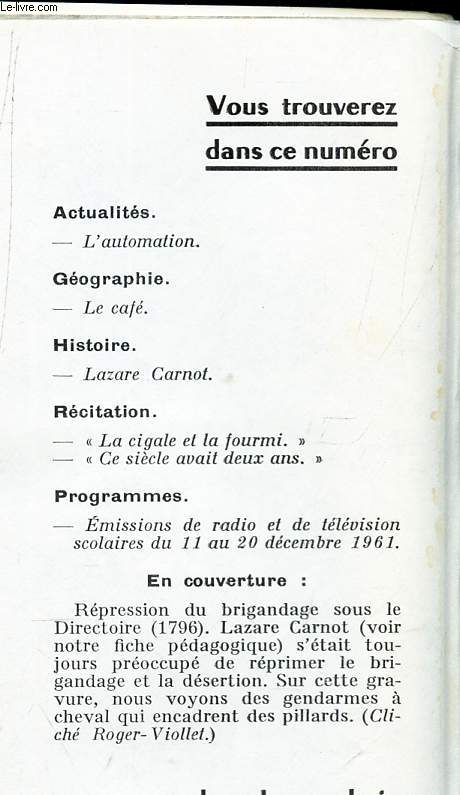 DOCUMENTS POUR LA CLASSE - N104 - 23 nov 1961 / L'automation / Le caf / LAzare Carnot / etc...