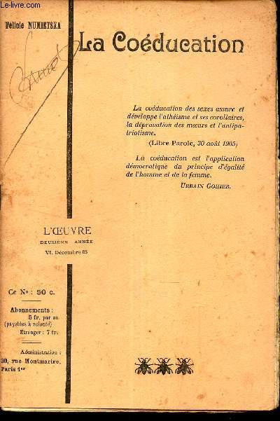 LA COEDUCATION / NVI - DECEMBRE 1905 DE 