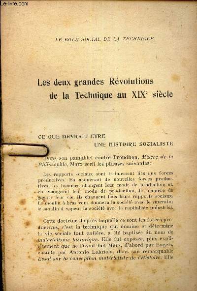 LES DEUX GRANDES REVOLUTIONS DE LA TECHNIQUE AU XIXe SIECLE./ EXTRAITS DE LA REVUE 
