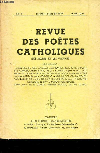 REVUE DES POETES CATHOLIQUES ( LES MORTS ET LES VIVANTS ) - N1 - SECOND SEMESTRE DE 1937
