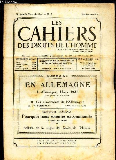 LES CAHIERS DES DROITS DE L'HOMME - N2 - 20 janv 1931 / EN ALLEMAGNE - allemagne Hiver 1931 - Les armements de l'Allemagne / POURQUOI NOUS SOMMES EXOMMUNIES.