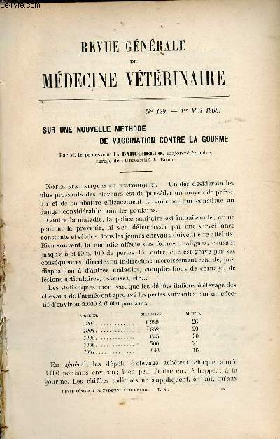 Revue gnrale de mdecine vtrinaire n129 1er mai 1908 - Sur une nouvelle mthode de vaccination contre la gourme par L.Baruchello - adhrence recto-clique dilacration suivie de mort par G.Savary .