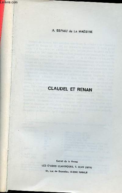 Claudel et Renan - Extrait de la revue les tudes classiques T.XLVII 1979 .