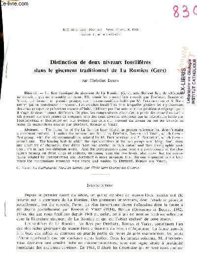 Distinction de deux niveaux fossilifres dans le gisement tradition de La Romieu (Gers) - Tir  part du Bulletin Mus.Natn.Hist.Nat. paris 4e srie 8 1986 section c n4 483-497.