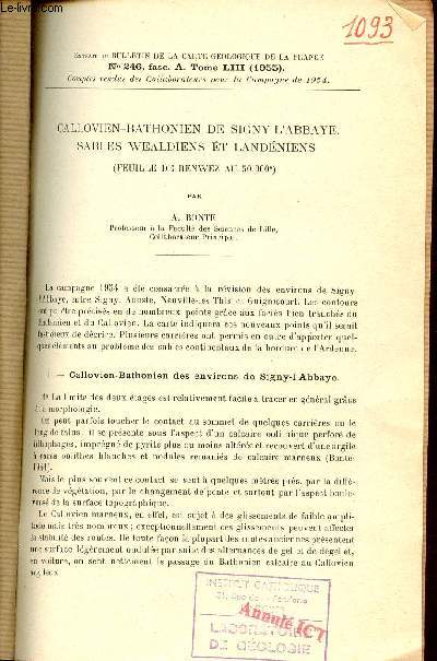 Callovien-Bathonien de Signy-l'Abbaye sables wealdiens et landniens (feuille de Renwez au 50.000e) - Extrait du bulletin de la carte gologique de la France n246 fasc.A Tome LIII 1955.