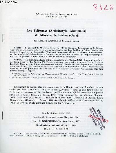 Les Suiformes (Artiodactyla Mammalia) du Miocne de Bzian (Gers) - Extrait du bull.mus.natn.hist.nat.Paris 4e srie 9 1987 section c n4.