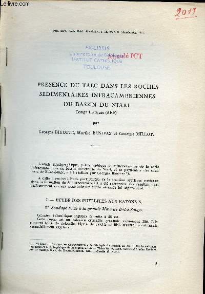 Prsence du talc dans les roches sdimentaires infracambriennes du Bassin du Niari - Extrait du bulletin serv.carte gol. Als.Lorr. t.10 fasc.2 1957.