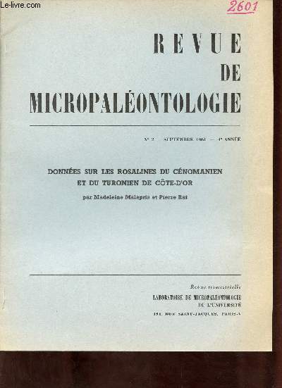 Donnes sur les rosalines du cnomanien et du turonien de Cte d'Or - Extrait de la revue de micropalontologie n2 septembre 1961 4e anne.
