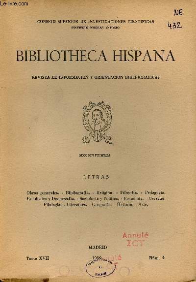 Bibliotheca Hispana revista de informacion y orientacion bibliograficas Tomo XVII n4 1959 - Seccion Primera Letras.