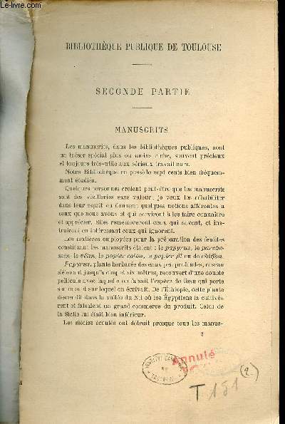 Bibliothque publique de Toulouse - Seconde partie manuscrits - Tir  part.