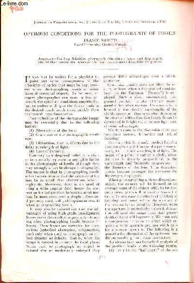 Optimum conditions for the photography of fossils - Extrait journal of paleontology vol.20 n5 september 1946.